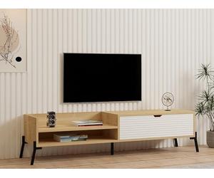 Hanah Home Soporte de TV escandinavo, zafiro roble y blanco, 160 cm, tablero de partículas recubierto de melamina 100%, 18 mm de grosor, patas de hierro, múltiples bandejas, solución de almacenamiento