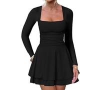 Hanaoop Vestido Mujer Manga Larga Bodycon Mini Vestidos Sexy Cuello Cuadrado Ajustado Volantes Vestido de Fiesta Corto Slim Fit Elástico Casual Clubwear para Cóctel Partido