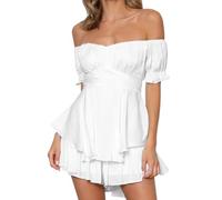 Hanaoops Mono Corto de Verano para Mujer Estilo Boho Flores Vestido con Hombros Verano Mini Vestidos de Mono Manga Corta Pantalones Cortos Tipo Mameluco con Volantes