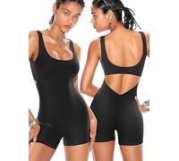 Hanaoops Mono Mujer Corto Verano Mono Deportivo sin Mangas Ajustado Jumpsuit sin Espalda Sexy Espalda en V Una Pieza Bodycon Romper Elástico Monos con Cuello en U para Fitness Yoga Entrenamiento
