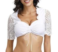 Hanaoops Mujer Oktoberfest Blusa Blanco Elegante Blusa de Dirndl Transparente con Encaje Camisa Manga Corta Cuello V Tradicional Blusa Tirolesa para El Festival de La Cerveza