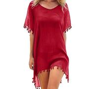 Hanaoops Mujer Suelto Vestido de Playa V Cuello Gasa Ropa de Baño con Borla Verano Traje de Baño Bikini Cover Up para Playa Chic Loose Semitransparente Camisolas y Pareos Vestido