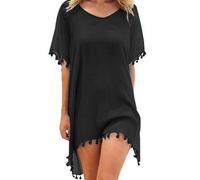 Hanaoops Mujer Suelto Vestido de Playa V Cuello Gasa Ropa de Baño con Borla Verano Traje de Baño Bikini Cover Up para Playa Chic Loose Semitransparente Camisolas y Pareos Vestido