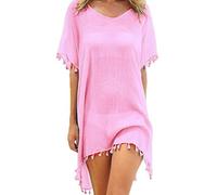 Hanaoops Mujer Suelto Vestido de Playa V Cuello Gasa Ropa de Baño con Borla Verano Traje de Baño Bikini Cover Up para Playa Chic Loose Semitransparente Camisolas y Pareos Vestido