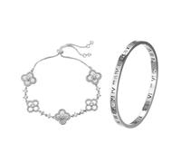 Hanaoops Set de Pulsera Acero Inoxidable Mujer Chapadas en Oro 14K Ajustables Pulsera Trébol 4 Hojas Sofisticado Brazalete Cadenas Apilables Regalo de San Valentín Joyas (Plata, Talla única)