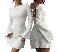 Hanaoops Vestido Corto Manga Larga Mujer Elegante sin Espalda Vestido de Punto Casual Cuello Redondo Sexy Mini Vestidos Bodycon Cintura Alta Línea A Túnica Vestidos para Cóctel Club Fiesta