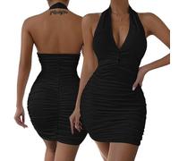 Hanaoops Vestido Corto Mujer Sexy Destapado Espalda Plisada Mini Vestido Elegante y Casual Profunda V Cuello Apretado Vestido Verano Cuello Colgando Vestidos Bodycon para Fiesta Club Bar Noche