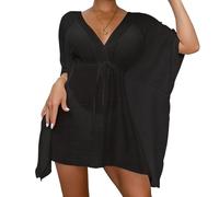 Hanaoops Vestido de Playa Mujer Suelto Bikini Cover up con Cuello en V Sexy Cordón en La Cintura Traje de Baño Cubrir Verano Sólido Pareos Ropa de Baño para Playa Vacaciones Piscina