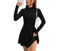 Hanaoops Vestido de Punto de Manga Larga para Mujer Otoño Vestidos Cortos Cuello Redondo Invierno Suéter de Punto Vestido Mini Elegante Túnica Vestidos A-Line Casual Jersey Vestido