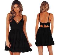 Hanaoops Vestido de Verano para Mujer Tirantes Delgados Vestido Casuales de Playa con Cuello en V Sexy Mini Vestido Sin Mangas Espalda Descubierta Elegante Correa Vestidos Corto para Fiesta