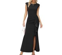 Hanaoops Vestido Largo de Fiesta para Mujer Sexy Sin Mangas Cuello Redondo Vestido de Noche Ajustado Elegante Maxi Vestido con Corte Sirena Entallado Volantes Abertura para Bodas Y Eventos Formales