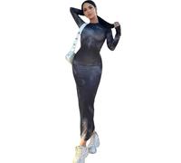 Hanaoops Vestido Largo para Mujer con Manga Larga Vestido Ajustado con Cuello Redondo Sexy Teñido Anudado Fruncido Maxi Bodycon Vestidos de Fiesta