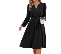 Hanaoops Vestido Manga Larga para Mujer Casual Negro Vestidos Cuello en V Elegante Línea A Midi Vestido con Cintura Otoño Invierno Túnica Vestidos para Fiesta
