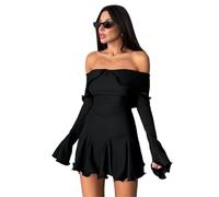 Hanaoops Vestido Manga Larga para Mujer Sexy Mini Vestidos con Hombros Descubiertos Bodycon Negro Vestido Corto a La Cadera Ajustado Minivestidos para Fiesta Cóctel Club Fiesta