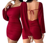 Hanaoops Vestido Mujer Manga Larga Sexy Mini Vestidos con Cuello Cuadrado Elegante Sin Respaldo Bodycon Vestido Corto Ajustado Casual Hip-Hugging Slim Fit Elástico Vestidos para Fiesta Noche Club