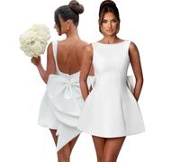 Hanaoops Vestido Mujer Sexy Sin Manga Minivestido Bodycon Sin Espalda Vestidos Corto con Lazo para Fiesta Noche Coctel Ajustado Vintage Dress de Novia Blanco