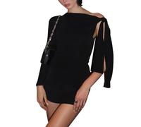 Hanaoops Vestido Sexy Mujer Manga Larga Mini Vestidos Hip-Hugging Ruched Dresses con Hombro Descubierto Elegante Bodycon Vestido Corto para Cóctel Fiesta Partido Club