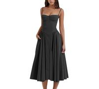 Hanaoops Vestido Vintage para Mujer Elegante Tirantes Delgados Largo Vestidos de Fiesta Cócte Corte Bajo Vestidos sin Mangas de Graduación Dobladillo Plisado Casual Swing Midi Vestido con Bolsillos