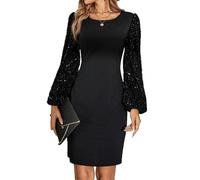 Hanaoops Vestidos Corto Manga Larga Mujer Elegantes Lentejuelas Manga Mini Vestido de Cuello Redondo Ajustado Vestidos de Fiesta Negro Elástico Informal Bodycon Dress para Club Cóctel