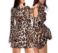 Hanaoops Vestidos Corto Manga Larga Mujer Sexy Leopardo Vestidos de Fiesta Casual Cuello Redondo Mini Vestido Sin Espalda Elegantes Slim Fit Vestido para Club Bar Noche Cita Cocktail Party Dress