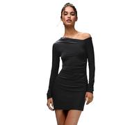 Hanaoops Vestidos de Fiesta para Mujer Sexy Manga Larga Plisado con Hombros Mini Ajustado Vestido Elegante Negro Bodycon Vestido Corto para Noche Fiesta Club Ceremonia Cóctel