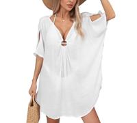 Hanaoops Vestidos de Playa Mujer Sexy Transparentes Bikini Cover Up Verano Suelta Pareos de Casual Color Sólido Blusa Cuello en V Ropa de Baño Vestido