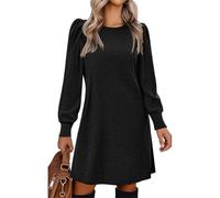 Hanaoops Vestidos Mujer Suéter de Punto de Manga Larga Cuello Redondo A-Line Vestido Casual Túnica Mini Vestido con Bolsillos para Otoño Invierno