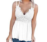 Hanaturu Cami Tank Top para Mujeres Verano Sexy Encaje Profundo Escote en V Tirantes Espaguetis Mujer Blusa sin Mangas Volantes Dobladillo Cami Top Camisas sin Mangas, 01-blanco, XXL