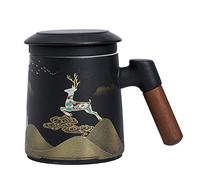 Hanbosym Taza de té de cerámica con colador de té y tapa, taza de té para uso diario y de oficina, pintada a mano con mango de madera, paquete de regalo para familiares y amigos, 400 ml