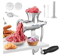 Hanchen Picadora de carne manual de acero inoxidable Nº 5, picadora de carne con relleno de salchichas, máquina de carne manual con placas de corte de 8 mm y 4,5 mm