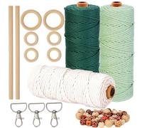 HanCheng 60m x 3mm Hilo Macrame Colores Juego de 3,Macrame Kit con 40 Cuentas de Madera,6 Aros de Madera,2 Palos Madera Manualidades,3 Llaveros（Beige,Verde Negruzco,Verde Frijol）