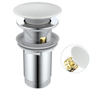 HanCrobiyx Desagüe Lavabo Blanca con o sin Rebosadero, Tapon Lavabo Click Clack, Tapa Blanca de Cerámica, Válvula Desagüe Pop Up con Cesta Filtrante, Universal G1 1/4" para Baño y Aseo