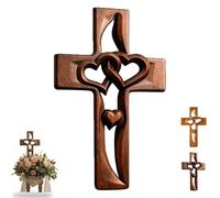 Hand-Carved Intertwined Hearts Wooden Cross, Handmade Wooden Cross with Intertwined Hearts, Meaningful Religious Gift, for Friends (B)