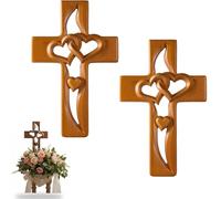 Hand Carved Wooden Marriage Cross for Wall - Intertwined Hearts Cross Decor, Vintage Rustic Wood Wall Art, Religious Christian for Wedding, Anniversary, Valentine's Day,Living Room Hanging (2Pcs-B)
