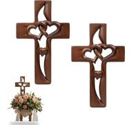 Hand Carved Wooden Marriage Cross for Wall - Intertwined Hearts Cross Decor, Vintage Rustic Wood Wall Art, Religious Christian for Wedding, Anniversary, Valentine's Day,Living Room Hanging (2Pcs-A)