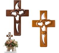 Hand Carved Wooden Marriage Cross for Wall - Intertwined Hearts Cross Decor, Vintage Rustic Wood Wall Art, Religious Christian for Wedding, Anniversary, Valentine's Day,Living Room Hanging (Mixed)