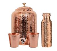 Hand Crunch - Dispensador de agua de cobre puro - 8 L - Acabado martillado - Bote ayurveda Health Healing 8 litros tanque de agua con 2 vasos surtidos y 1 botella de cobre