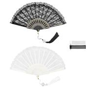 Hand Fan Folding MYLERCT 2 Piezas Del Clásico Handfächer Schwarz, Handfächer Stabil con Borlas Blancas y Negras, Adecuadas para Fiestas y Colecciones Personales