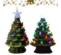 Hand-Painted Led Ceramic Christmas Tree, 15-Inch Tabletop Prelit Holiday Decoration, Vintage Ceramic Tree with Topper & Multicolor Bulb Lights, Painted Tabletop Christmas Trees Ornament