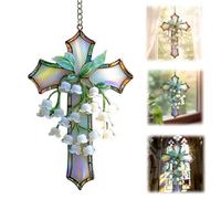 Hand-Painted Lily of The Valley Cross Pendant,Acrylic Religious Cross Hanging Ornament,Christian Cross Ornaments,2D Acrylic Cross Lily Decoration Faith Inspired Gift (9.84in)