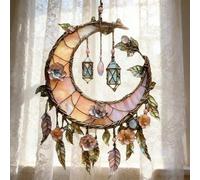 Hand-Painted Moon and Floral Window Decor,Moon Acrylic Window Hangings Ornament with Stained Glass Effect,Dreamy Celestial Hanging Ornaments for Indoor Outdoor Garden