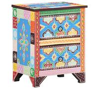 Hand Painted Solid Mango Wood Nightstand 40x30x50 cm, Unique Multicolor Bedside Table with 2 Drawers for Bedroom Decor, Handcrafted Tropical Hardwood Furniture