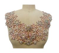 Hand-Sewn Rhinestone Applique Sequin Water Soluble Hollow Lace Round Neck Decoration Bridal Evening Dress Trimming Accessories(Color 1)