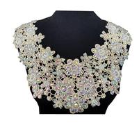 Hand-Sewn Rhinestone Applique Sequin Water Soluble Hollow Lace Round Neck Decoration Bridal Evening Dress Trimming Accessories(Khaki)
