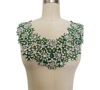 Hand-Sewn Rhinestone Applique Sequin Water Soluble Hollow Lace Round Neck Decoration Bridal Evening Dress Trimming Accessories(Green)