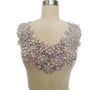 Hand-Sewn Rhinestone Applique Sequin Water Soluble Hollow Lace Round Neck Decoration Bridal Evening Dress Trimming Accessories(Light purple)
