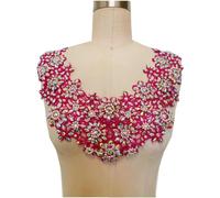 Hand-Sewn Rhinestone Applique Sequin Water Soluble Hollow Lace Round Neck Decoration Bridal Evening Dress Trimming Accessories(Rosy Red)