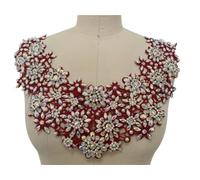 Hand-Sewn Rhinestone Applique Sequin Water Soluble Hollow Lace Round Neck Decoration Bridal Evening Dress Trimming Accessories(Wine red)