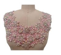Hand-Sewn Rhinestone Applique Sequin Water Soluble Hollow Lace Round Neck Decoration Bridal Evening Dress Trimming Accessories(Pink)