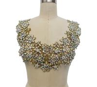 Hand-Sewn Rhinestone Applique Sequin Water Soluble Hollow Lace Round Neck Decoration Bridal Evening Dress Trimming Accessories(Yellow)